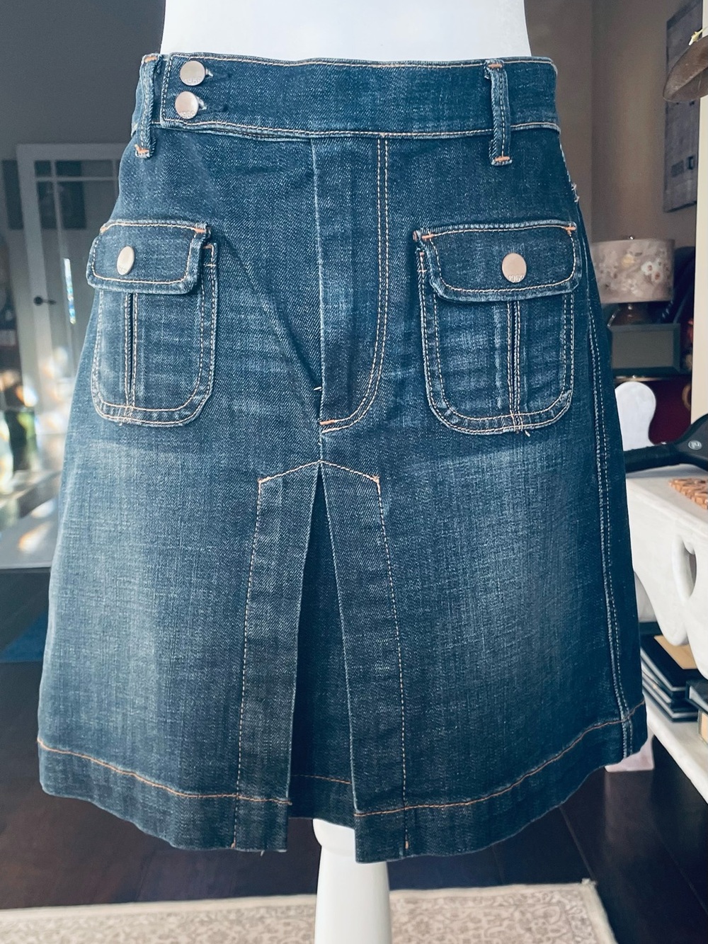 GAP Dark Blue Denim Mini Skirt with Front Flap Pockets and Center Pleat